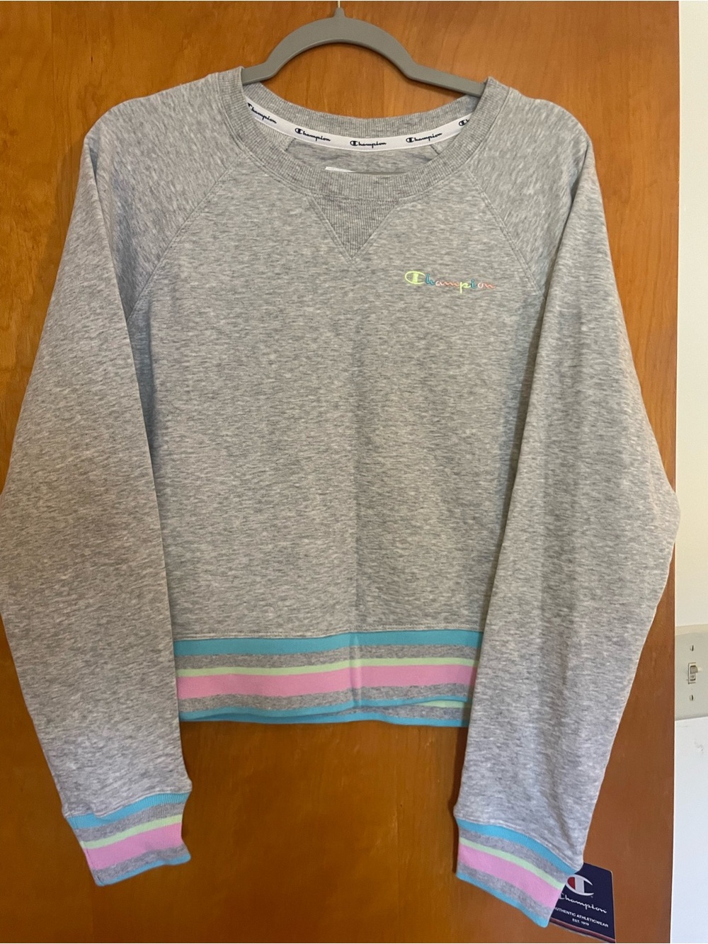 NWT Champion Gray Crewneck Sweatshirt with Pastel Stripe Hem & Cuffs